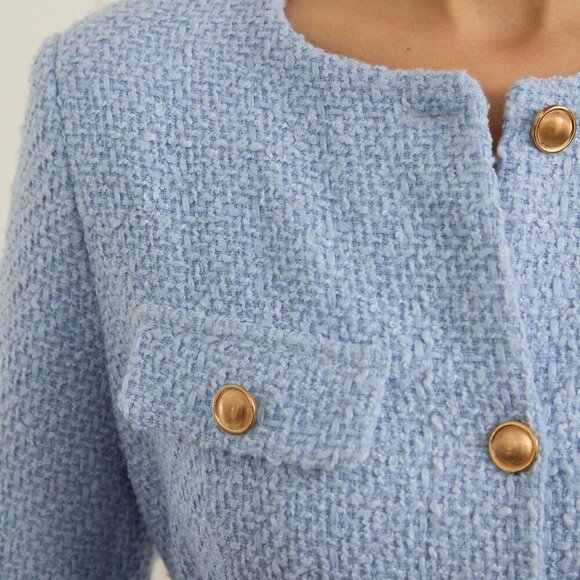 Blue Elegant Women's Cinched Waist Tweed Jacket - Picture 5 of 6